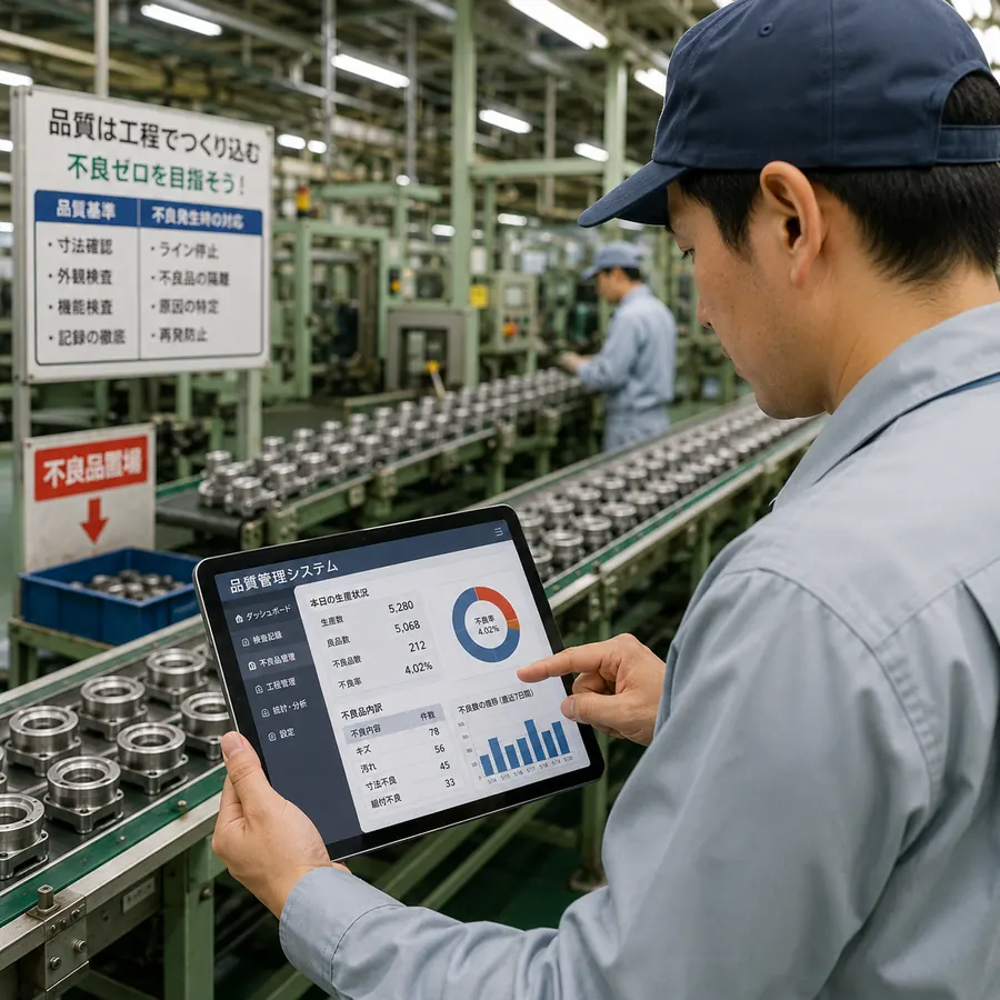 製造現場でタブレットアプリを使い品質管理を確認する様子