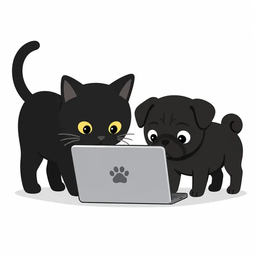 ノートPCをのぞき込む黒猫と黒パグのマスコット