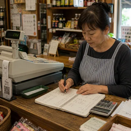 個人商店の女性店主がレジ横でノートと電卓を使い売上や経費を計算している様子