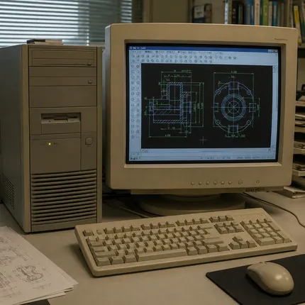 古いPCワークステーションとブラウン管モニタにCAD図面が表示されている様子